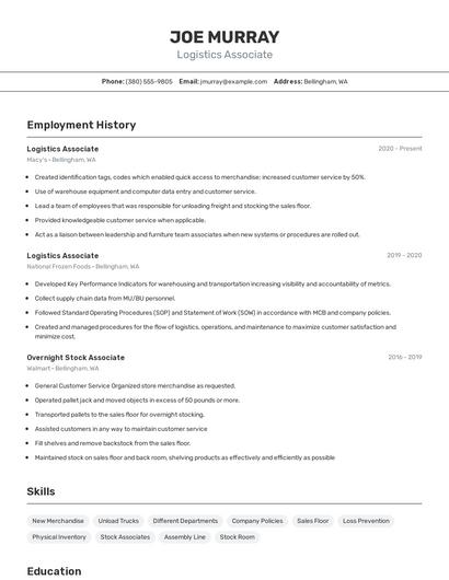 Logistics Associate Resume