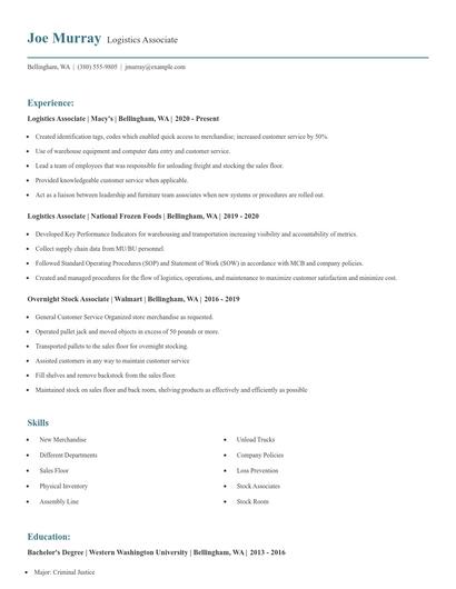 Logistics Associate Resume