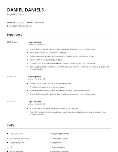 Logistics Clerk Resume
