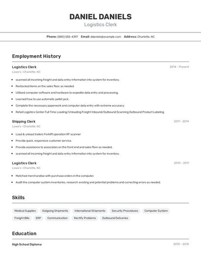Logistics Clerk Resume