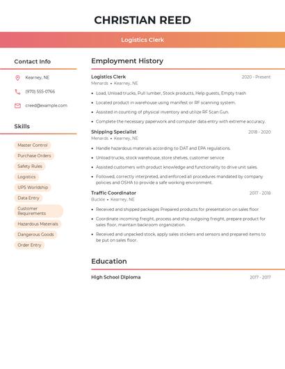 Logistics Clerk Resume