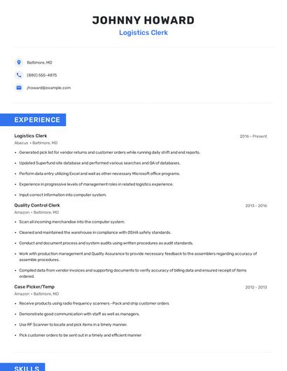 Logistics Clerk Resume
