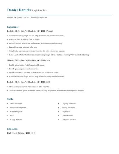 Logistics Clerk Resume