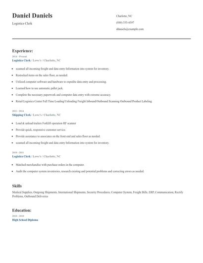 Logistics Clerk Resume