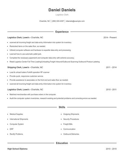Logistics Clerk Resume