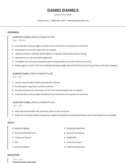 Logistics Clerk Resume