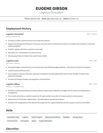 Logistics Consultant Resume