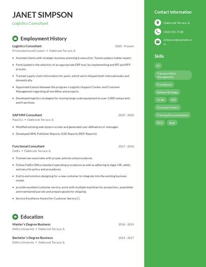 Logistics Consultant Resume