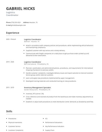 Logistics Coordinator Resume
