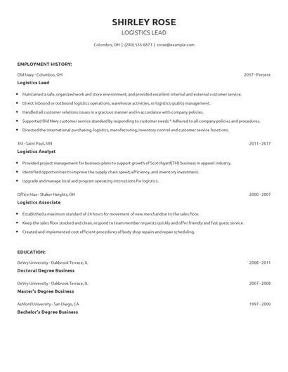 Logistics Lead Resume