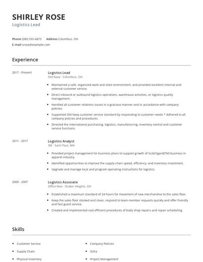 Logistics Lead Resume