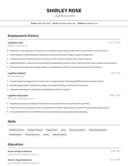 Logistics Lead Resume