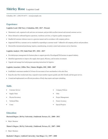 Logistics Lead Resume