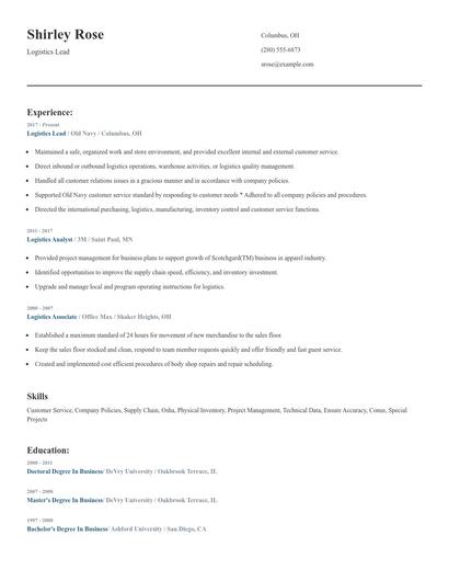 Logistics Lead Resume
