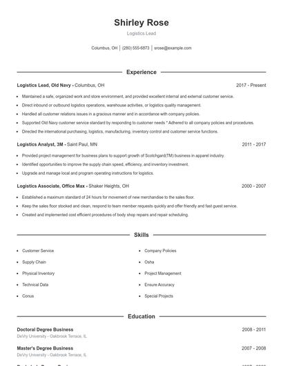 Logistics Lead Resume