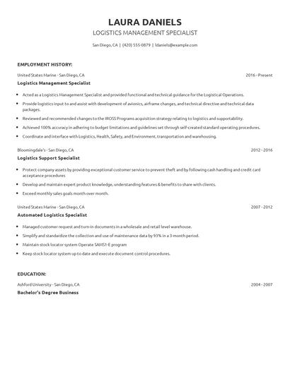 Logistics Management Specialist Resume