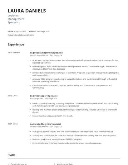 Logistics Management Specialist Resume