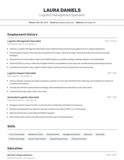 Logistics Management Specialist Resume