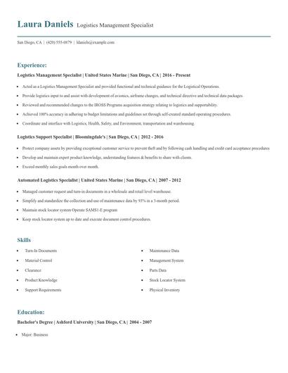 Logistics Management Specialist Resume