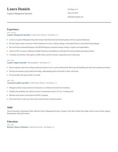 Logistics Management Specialist Resume