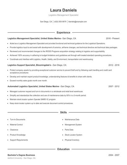 Logistics Management Specialist Resume