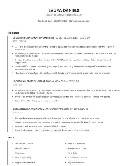 Logistics Management Specialist Resume