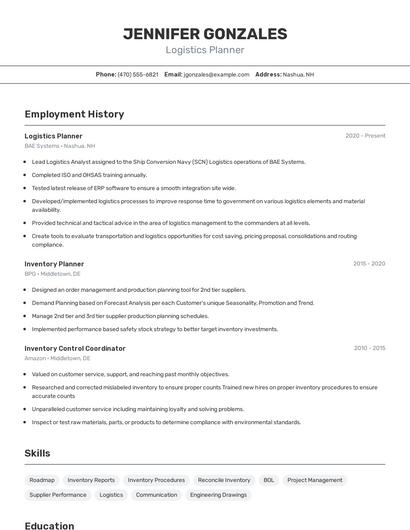 Logistics Planner Resume