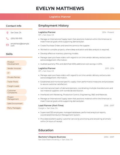Logistics Planner Resume
