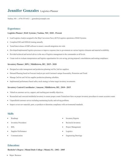 Logistics Planner Resume