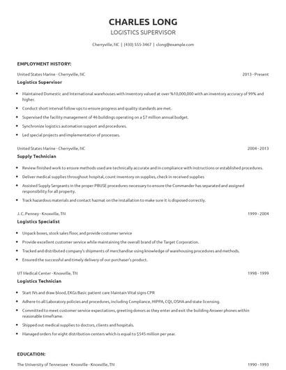 Logistics Supervisor Resume