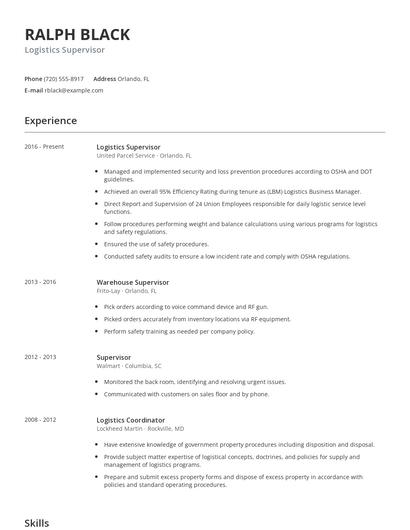 Logistics Supervisor Resume