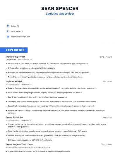 Logistics Supervisor Resume