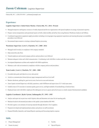 Logistics Supervisor Resume