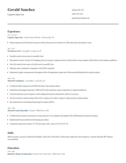 Logistics Supervisor Resume
