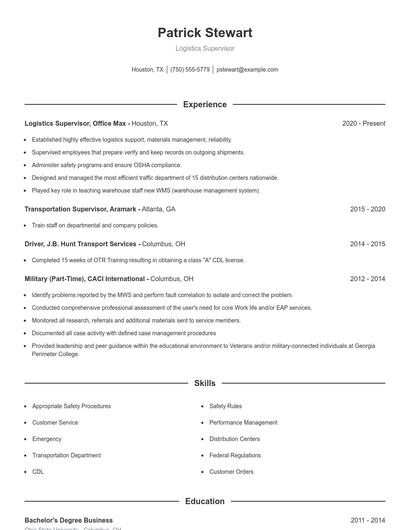 Logistics Supervisor Resume