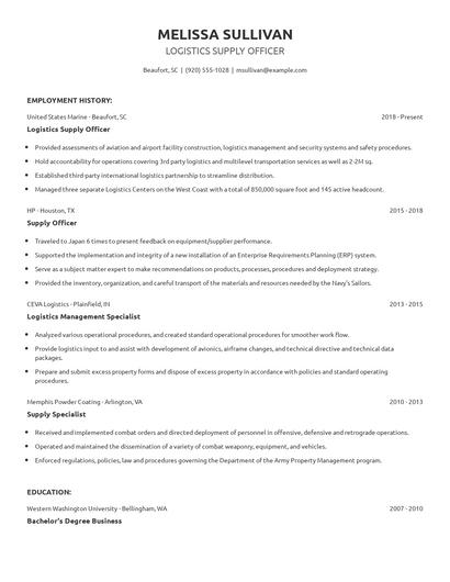 Logistics Supply Officer Resume