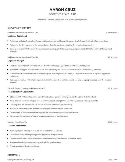 Logistics Team Lead Resume