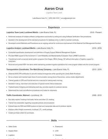 Logistics Team Lead Resume