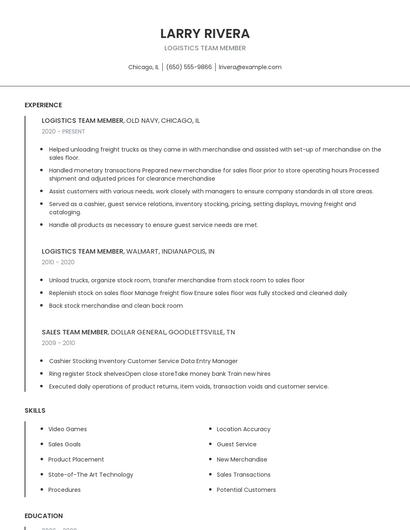 Logistics Team Member Resume