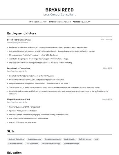 Loss Control Consultant Resume