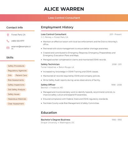 Loss Control Consultant Resume