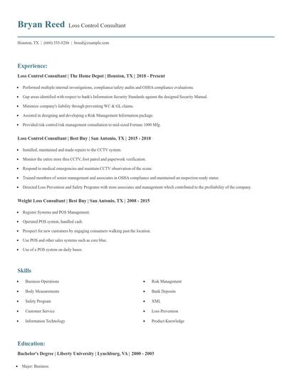 Loss Control Consultant Resume