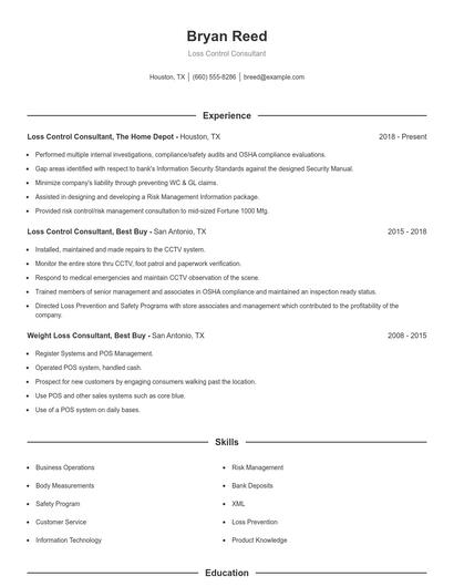 Loss Control Consultant Resume