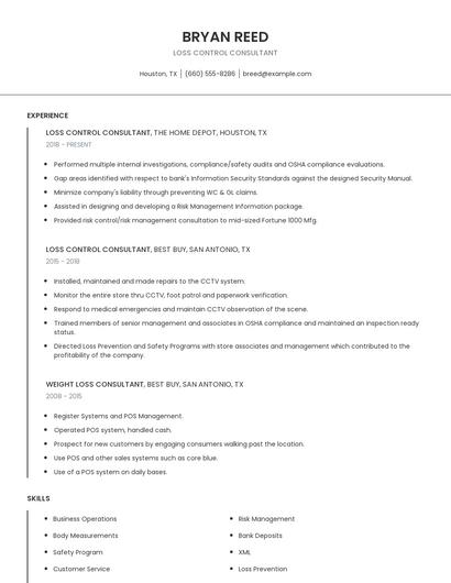 Loss Control Consultant Resume