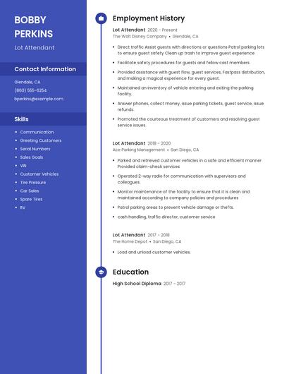 Lot Attendant Resume
