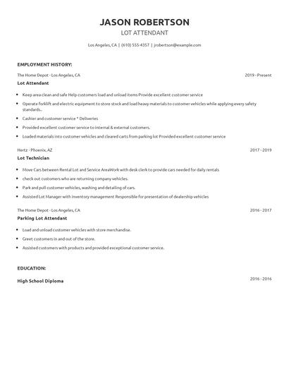 Lot Attendant Resume