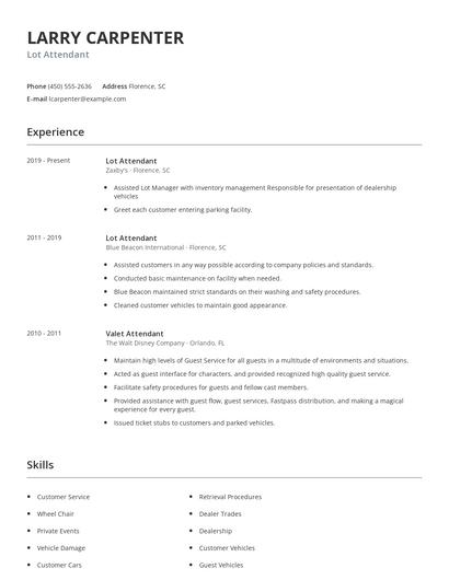 Lot Attendant Resume