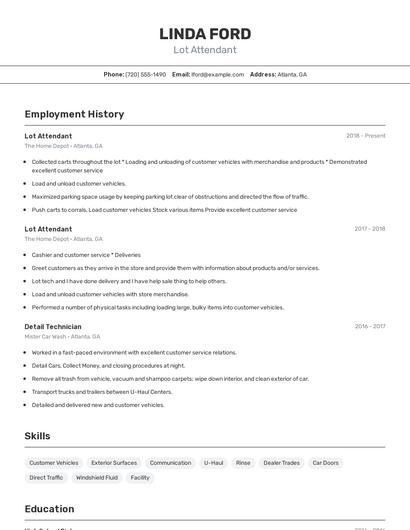 Lot Attendant Resume