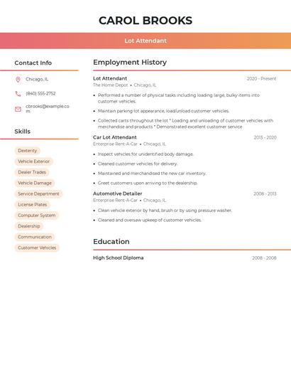 Lot Attendant Resume