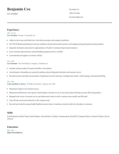 Lot Attendant Resume